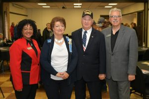 NOC Enid hosted a Veterans Day Ceremony Friday at the Gantz Center. The guest speakers were Enid Regent Cynthia Smith and her husband, Robert Smith. Pictured (L-R): NOC Diversity Committee Chairman Dr. Mary Ann McCoy, Cynthia Smith, Robert Smith, NOC President Dr. Clark Harris. (photo by John Pickard/Northern Oklahoma College)