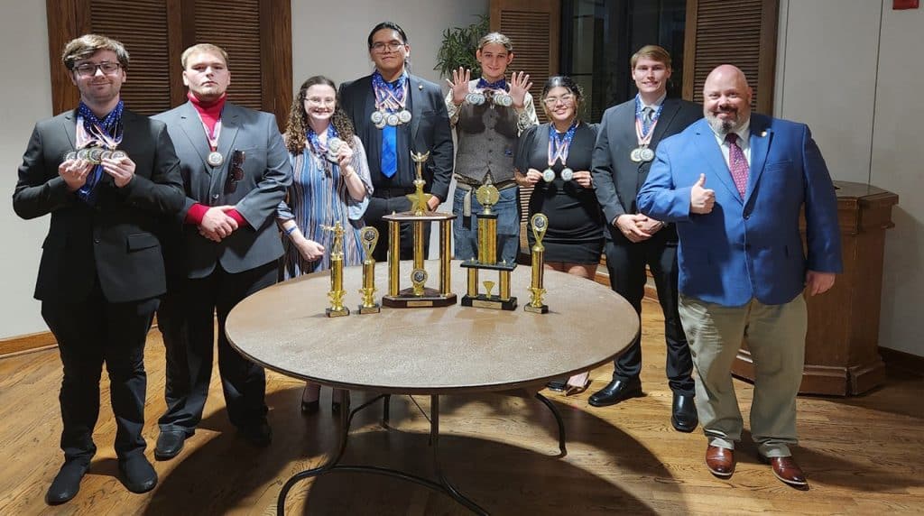 The NOC Criminal Justice Team won the Regional Conference and Competition Sweepstakes Championship in Texas Oct. 10-12. Pictured (L-R): Gabriel Liggett, Avry Nailon, Samantha Mears, Geronimo Quilimaco, Ronald Haley, Yoselin Ramirez, Brian Fredricks, Troy Cochran (photo provided)